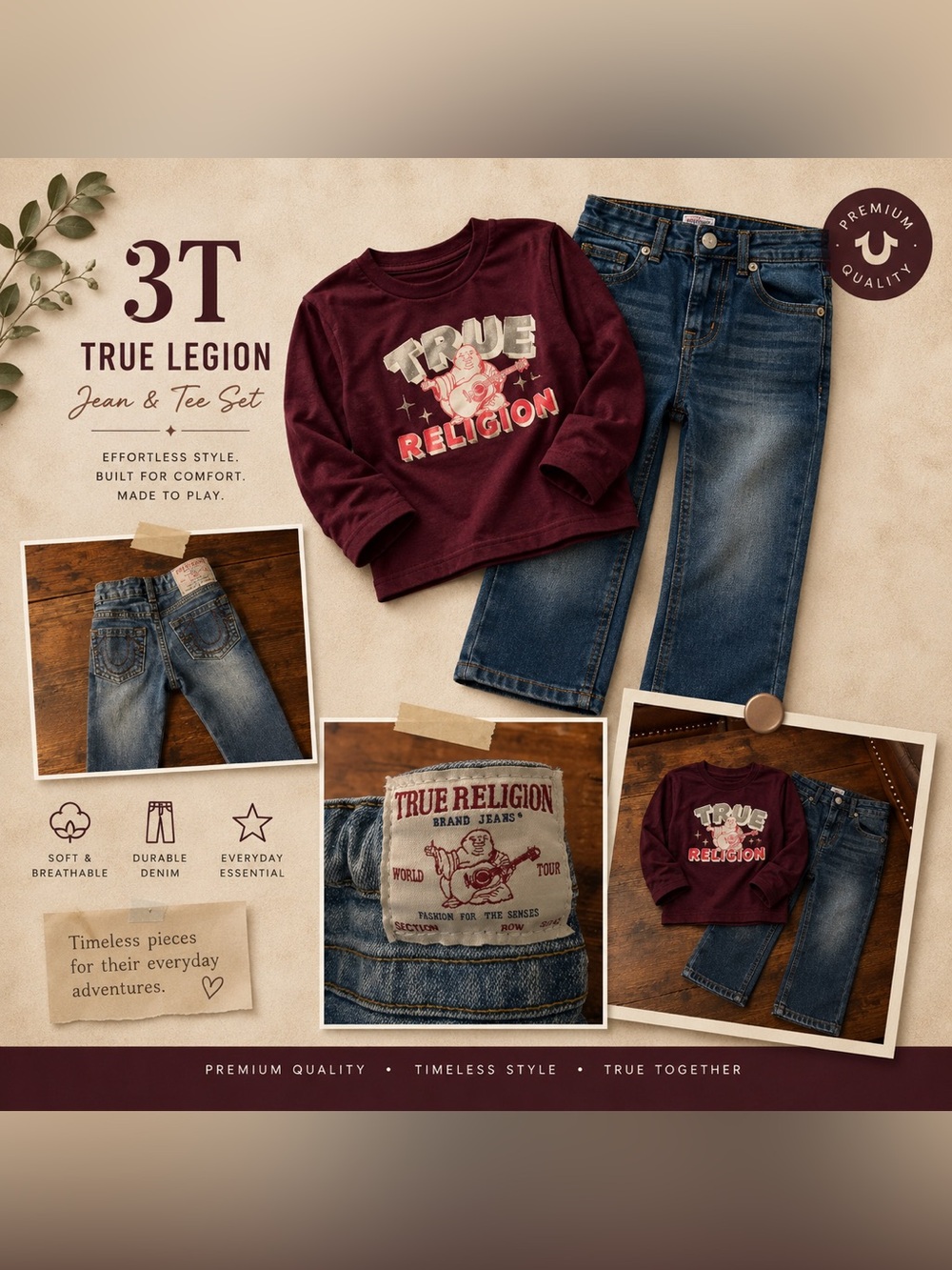 True Religion Girls 3T Denim Jeans & Graphic Tee Set NWOT